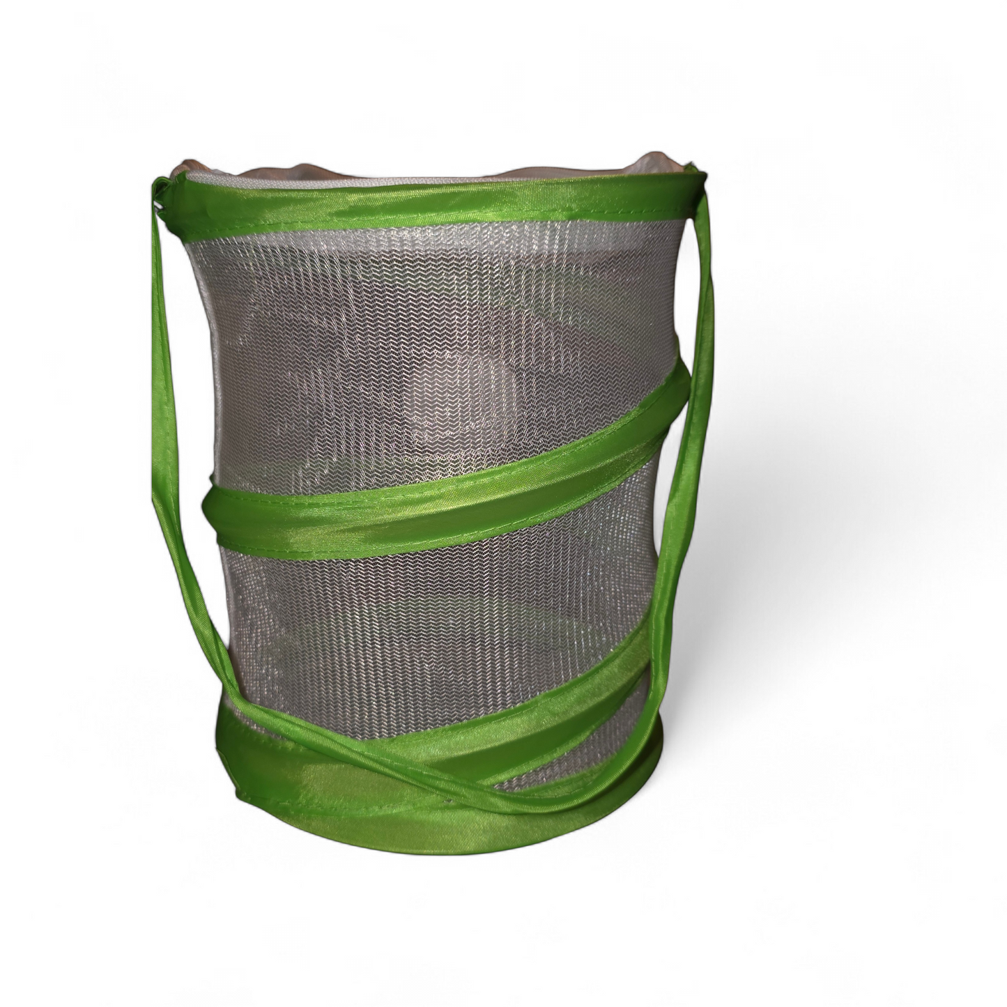 A Green and white mesh Fly net enclosure on a White Background